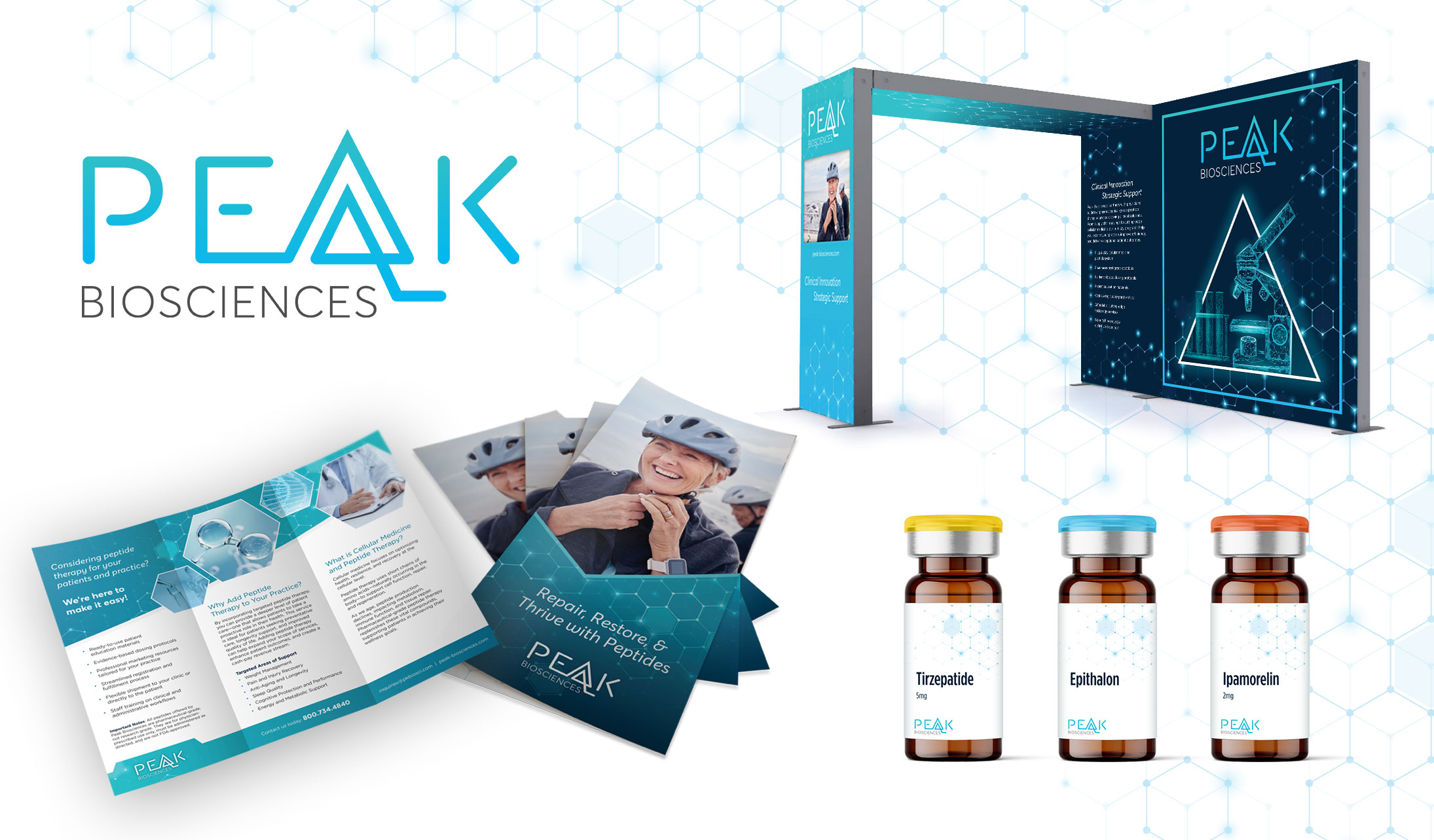 Branding design for PEAK Biosceicnes including tradeshow booth, brochures, and bottle labels